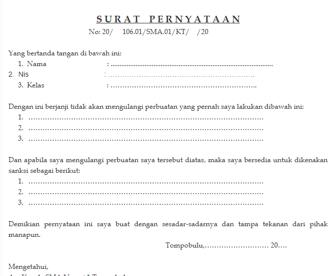 Contoh Surat Pernyataan Siswa Lengkap Dengan Format Wordnya Kata Ilmu