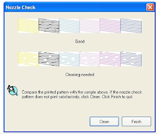 Compare the printer pattern with the sample above. If the nozzle check pattern does not print satisfactorily, click Clean. Click finish to quit.