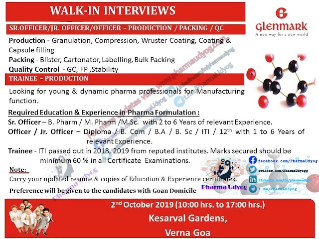 Glenmark | Walk-in interview at Goa for Production-Packing-QC | 2 Oct 2019 | Pharma Jobs