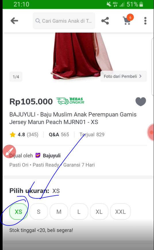 Pilihan ukuran kedua di Tokopedia