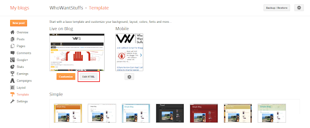 Step 1: Login to your Blogger account and go to Template, and click the Edit HTML button