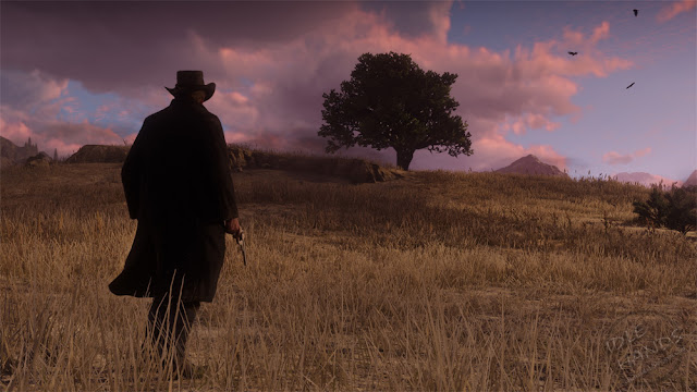 Rockstar Games Red Dead Redemption 2 Gameplay Trailer Stills Looking art the plains at sunset