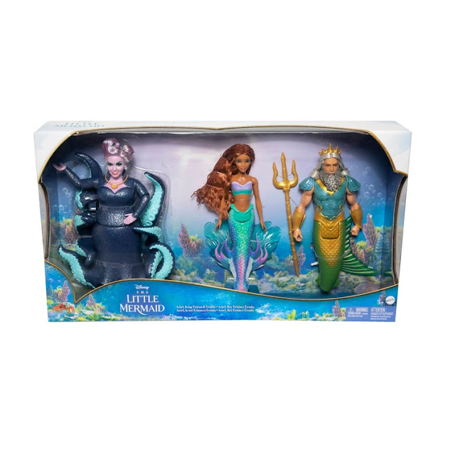Coffret de 3 poupées originales en boite Disney 2023 : la petite sirène, le roi Triton et Ursula.