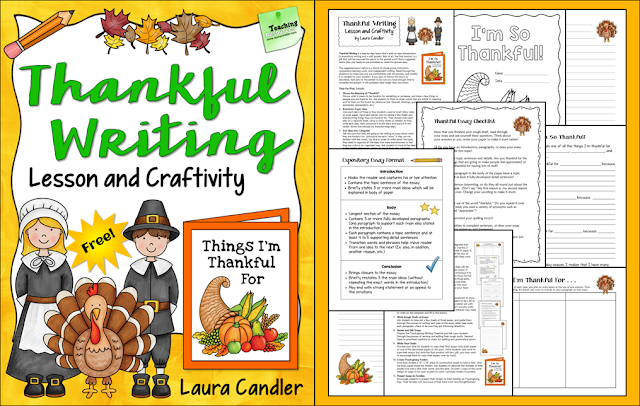 Thankful Writing is a freebie from Laura Candler that's a step-by-step writing lesson and a craftivity all in one.The final project is sent home with students to be shared with their families on Thanksgiving day, and it's sure to be a memorable keepsake!