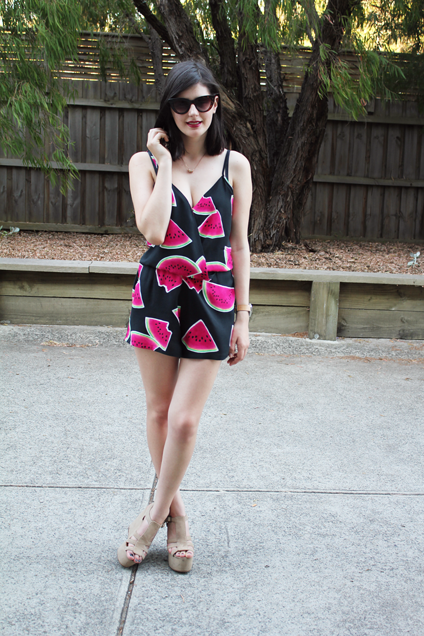 like a harte, likeaharte, fashion blog, fashion blogger, melbourne blogger, aussie blogger, australian blogger, glassons, watermelon print, fruit print, playsuit, watermelon playsuit, fashion, style, trend, how to wear a playsuit, ivana petrovic, beige platforms, nude platforms, wedge platform sandals, the horse watch, white faced watch, street style, blogger style