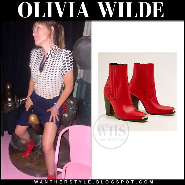 Olivia Wilde in red ankle boots and blue mini skirt