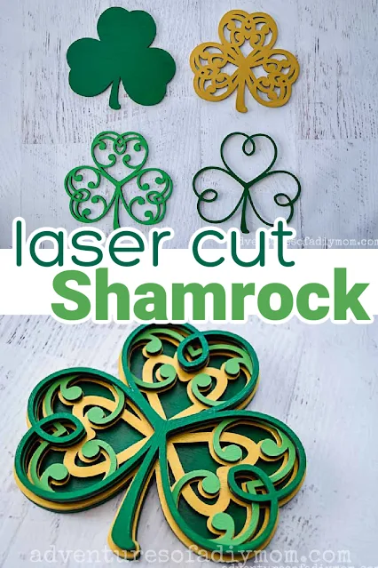 collage of images of painted laser cut wood shamrocks