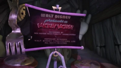 Deux personnages secondaires discutant avec Mickey dans un village reconstitué, montrant les conséquences positives de ses choix.