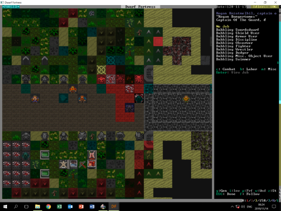 Aftermath of the Forgotten Beast Cyclops Attack. The image depicts to the right a large bridge, with a deep trench running under and through it, which is connected to a road lined with dwarven statues. To the bottom and slightly off center is a hunter camp and in the left corner is the remains of the defeated cyclops. On the middle right is the site of conflict with a few dwarven corpses, a large amount of blood and a few dismembered parts lying around the zone of the recent conflict
