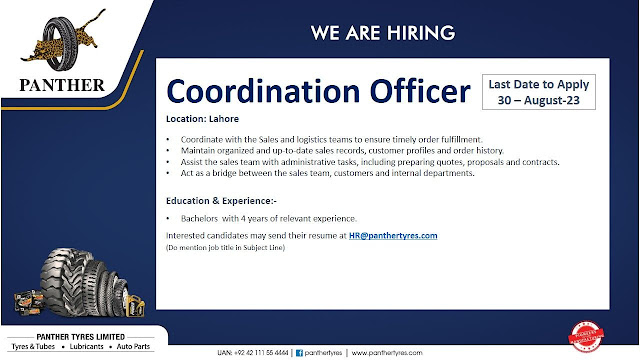 Panther Tyres Limited Latest Jobs in Lahore Coordination Officer 2023