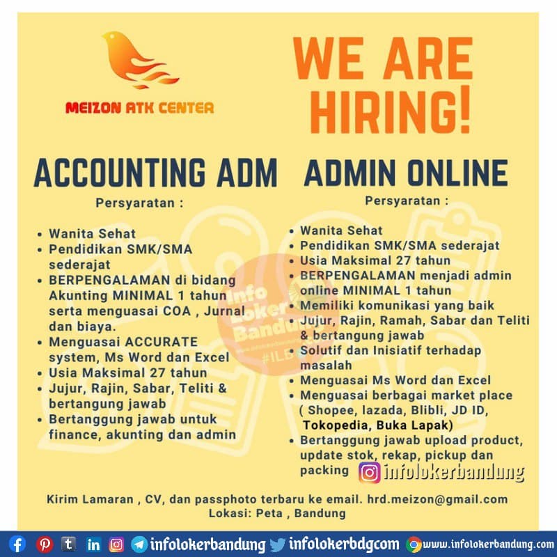Lowongan Kerja Accounting Adm & Admin Online Meizon ATK Center Bandung Mei 2021