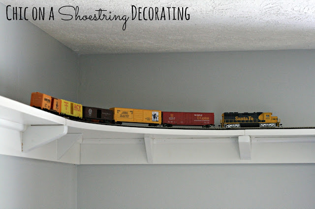 DIY HO Train track shelf around room ceiling by Chic on a Shoestring 