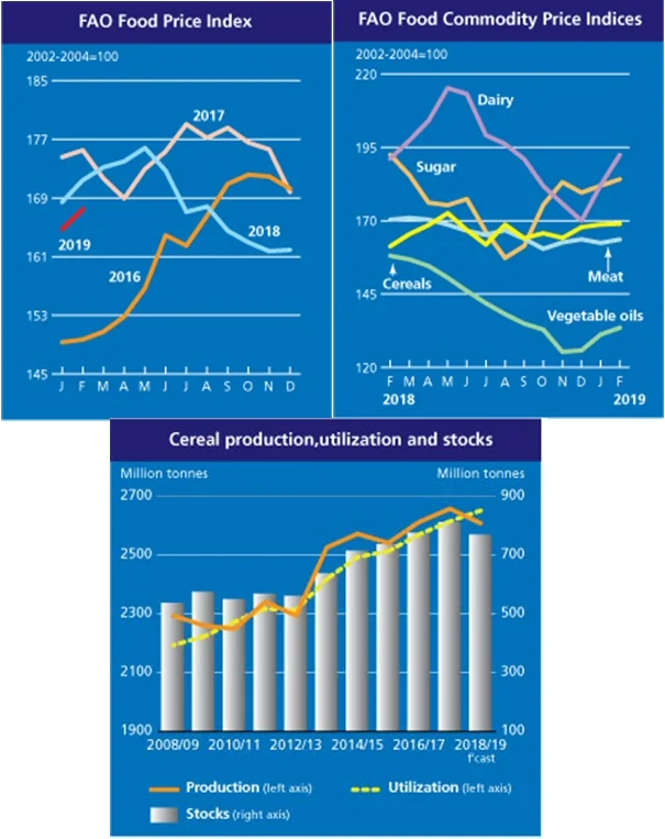 2019년 2월 유엔식량농업기구(FAO) 전월 대비 1.7%↑, 전년 동월 대비 2.3%↓