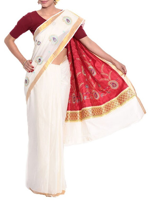 Beige Cotton Kasavu Saree With Blouse