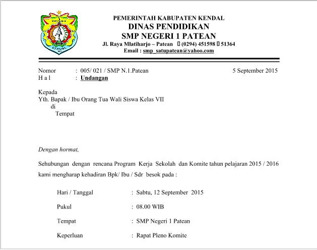 Contoh Surat Undangan Wali Murid Smp