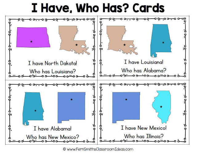 This set of I Have, Who Has? United States of America has 100 cards total! This resource has 50 Cards with Colorful States Clip Art in Alphabetical Order, 50 Cards with Colorful States Clip Art in Mixed Order, 2 Sets of Teacher Answer Keys and 1 Teacher Direction Sheet! One-Hundred I Have, Who Has? United States of America Task Cards, Teacher Directions and a Teacher Answer Key by Fern Smith's Classroom Ideas Available for You and Your Students at TeachersPayTeachers.