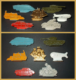 Following the card stand-ups with wooden feet (UK) and composition (US) 'erzatz' playing pieces of the Second World War period, when Waddington's re-vamped the Monopoly set after the war and for a while, they had these die-cast mazak/zamak-alloy flats.