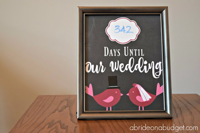 Want a wedding countdown sign? You can get this one FREE from www.abrideonabudget.com! Hang it on your desk, mantle, wall (or wherever you want) and count down to your big day!