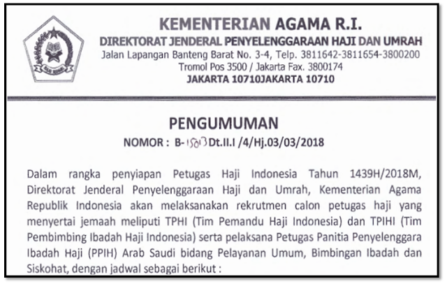 Juknis pendaftaran Calon Petugas Haji Indonesia Tahun 2018