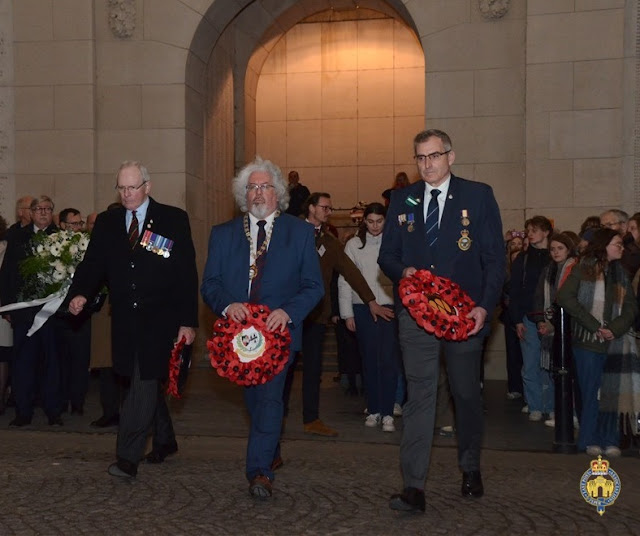 Last Post Association shows (left to right) Lt.Col (retired) Mark Jackson MBE, Mayor of Worcester Cllr Adrian Gregson, and Russell Walker of Worcestershire Ambassadors laying wreaths at the Menin Gate, Ypres. Picture credit: copyright Last Post Association.