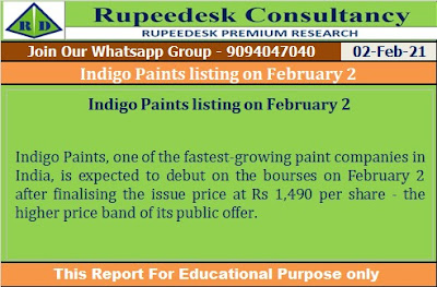 Indigo Paints listing on February 2 - Rupeedesk Reports - 02.02.2021