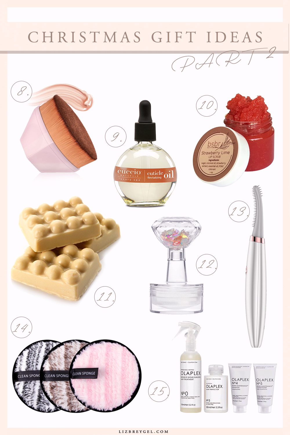 collage with christmas gift ideas that includes beauty care tools and products