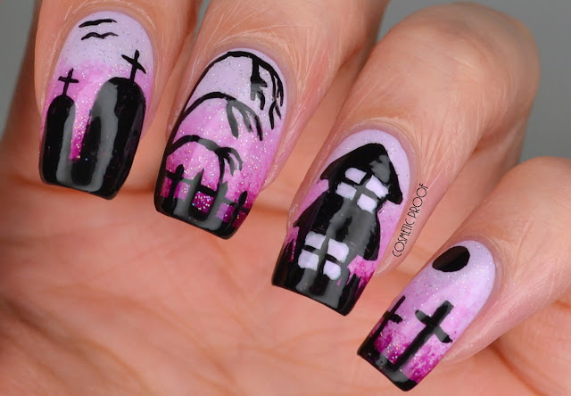 Halloween Haunted House Purple Gradient Nail Art