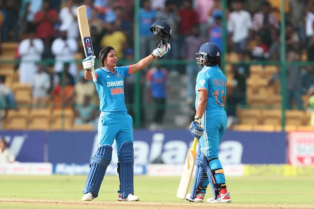 Harmanpreet Kaur celebrates after scoring a blistering century