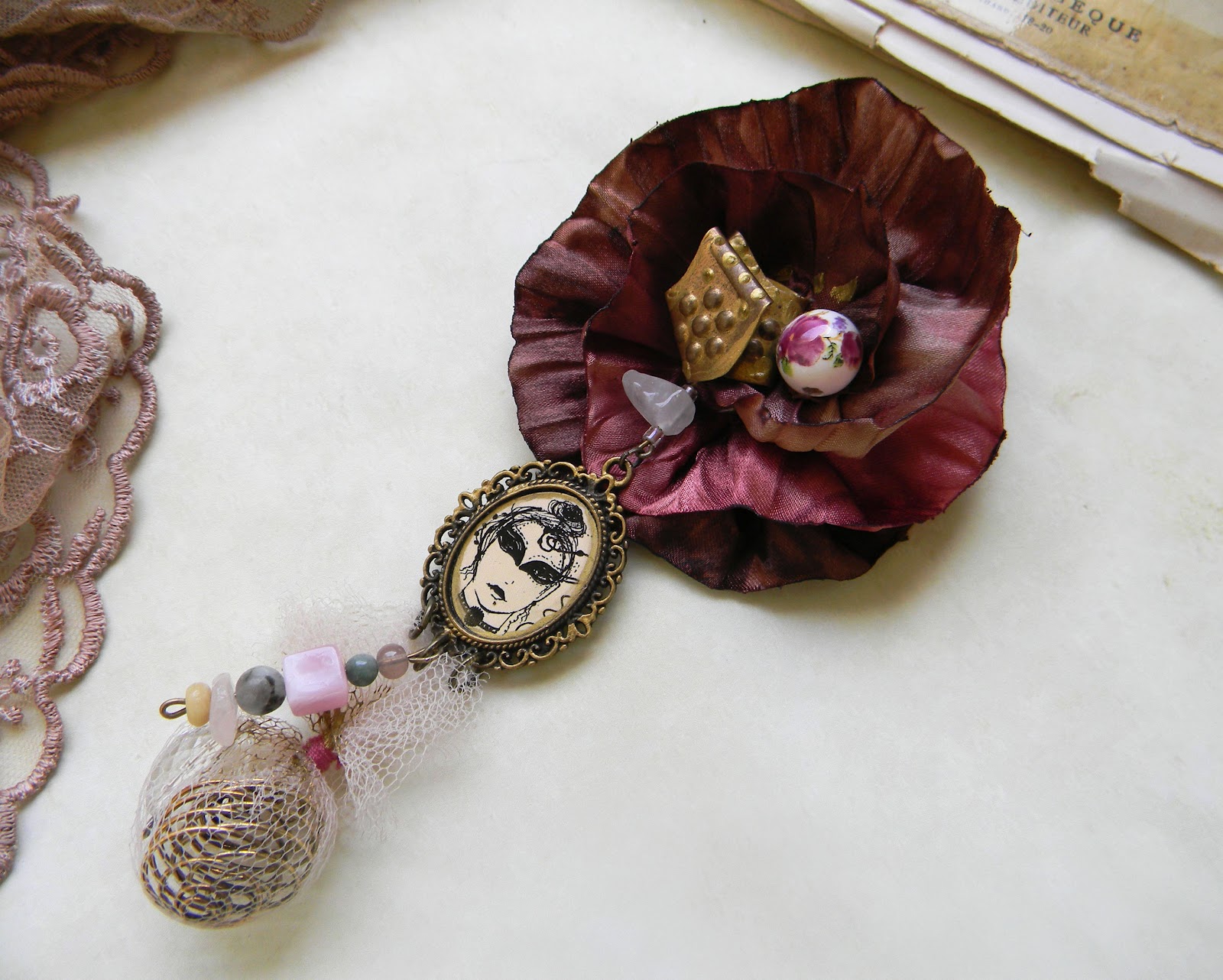 "The Burgundy Rose and Eleonore" Handmade Brooch/Original Draw