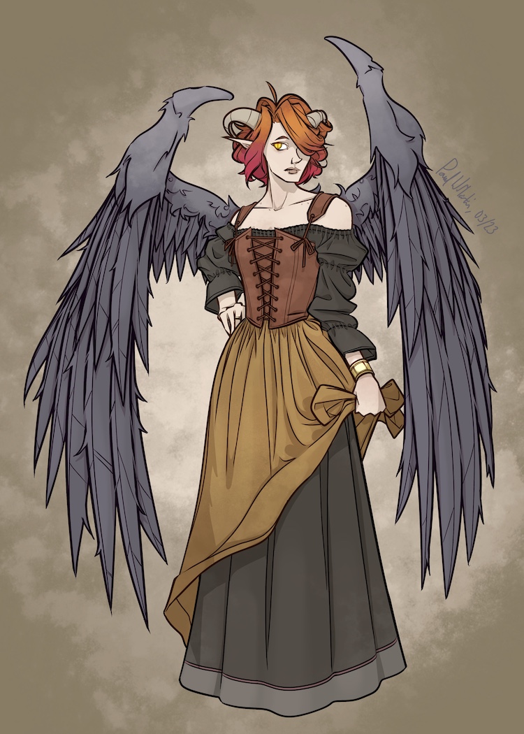 A red-haired woman with curved horns and large, blue-grey feathered wings. Her eyes are yellow; her curly hair covers one eye and hangs only down to her neck. She's dressed in the clothing of a late medieval townswoman: brown bodice, dark yellow gown, black blouse. She has one hand on her hip, while the other lifts one side of her gown, revealing the long black underskirt beneath. She's wearing a golden bracelet.