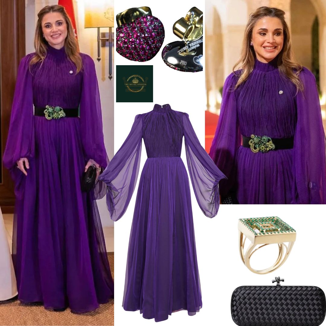 Queen Rania was wearing a purple Andrew GN Balloon-Sleeve Belted Crinkle Chiffon Gown. Rania paired the gown with Theo Fennell 8K White Gold and Baby Ruby Heart Earrings, Bottega Veneta Intrecciato Silk Faille Knot Clutch Black Clutch and Lama Hourani Lulu's Treasure Ring set with emeralds