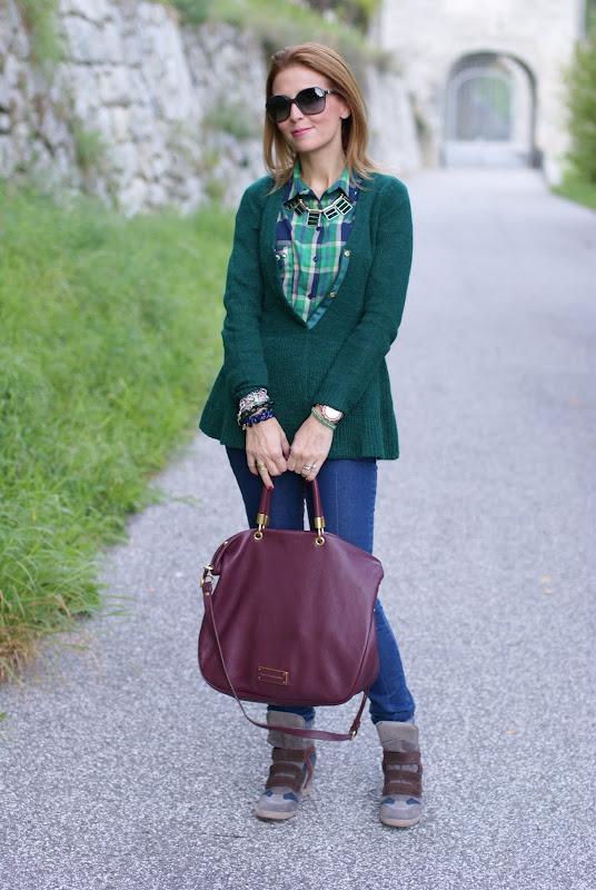 plaid print shirt, green cardigan