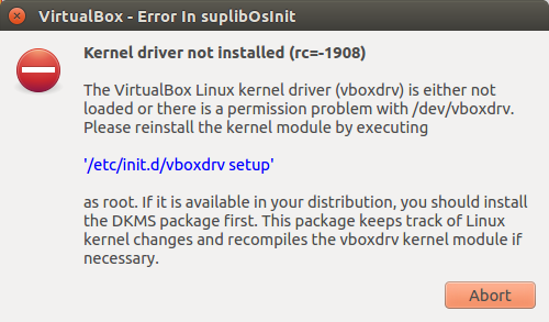 Virtual Error In suplibOslnit Kernel driver not Installed(rc=-1908)