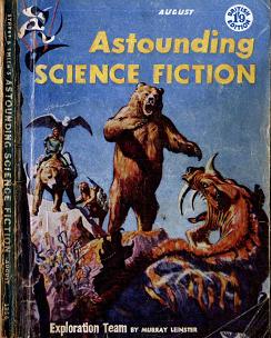 Cover by Ed Emshwiller of Astounding Science Fiction magazine, August 1956 issue, British edition. Cover illustrates the story Exploration Team by Murray Leinster.