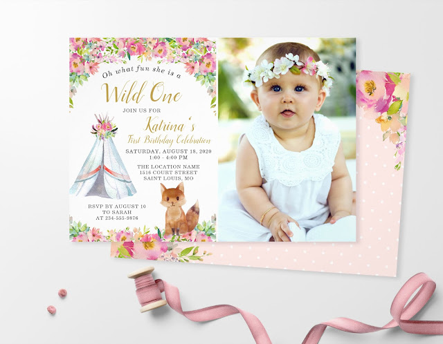  Watercolor Fox Tribal Boho Floral Birthday Photo Invitation