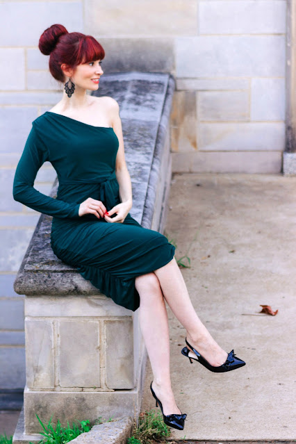 Emerald One Shoulder Ruched Slinky Midi Dress - Savannah from FemmeLuxeFinery.co.uk