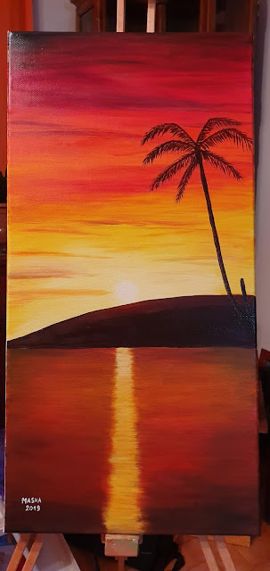 Peinture sur toile Masha Palmier et coucher de soleil