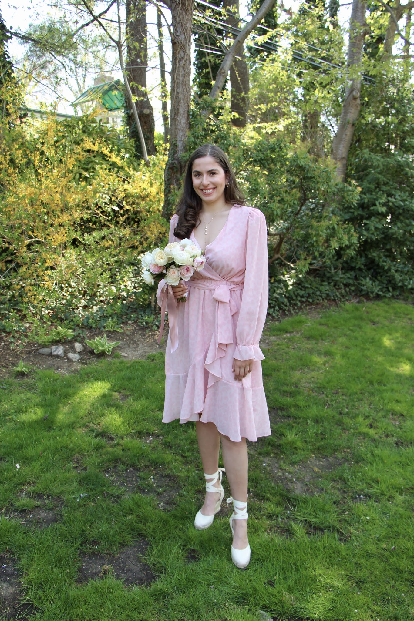 pink wrap dress, espadrilles, wedges, espadrille wedges, baby shower dress, bridal shower dress, wedding guest dress