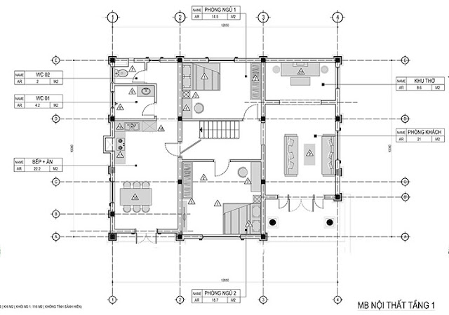 Biệt thự 2 tấng mái thái tân cổ điển 100m2 - Mặt bằng tầng 1