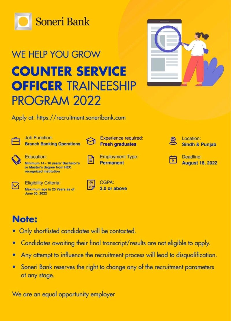 Soneri Bank Ltd Jobs For COUNTER SERVICE OFFICER