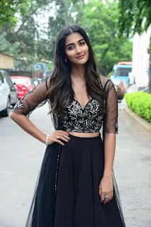 Actress Pooja Hegde Stills in black dress at Valmiki movie Press Meet