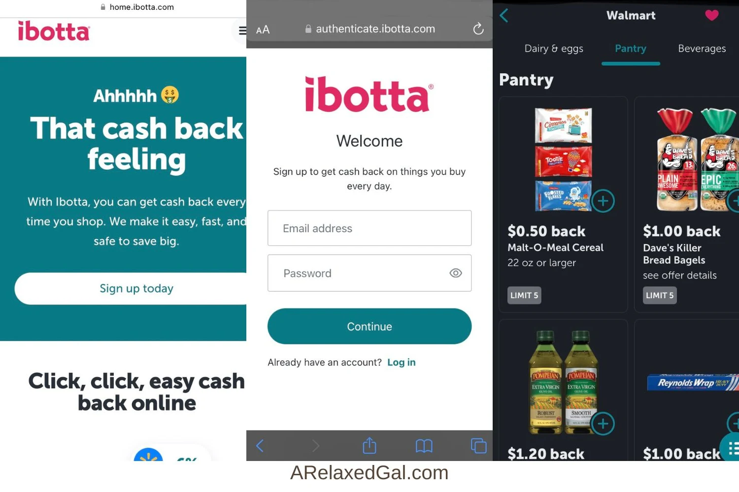 screenshots of the ibotta welcome screen, registration form, and walmart offers.