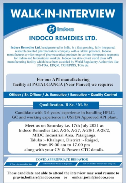 Job Availables, Indoco Remedies Walk In Interview For Quality Control Department