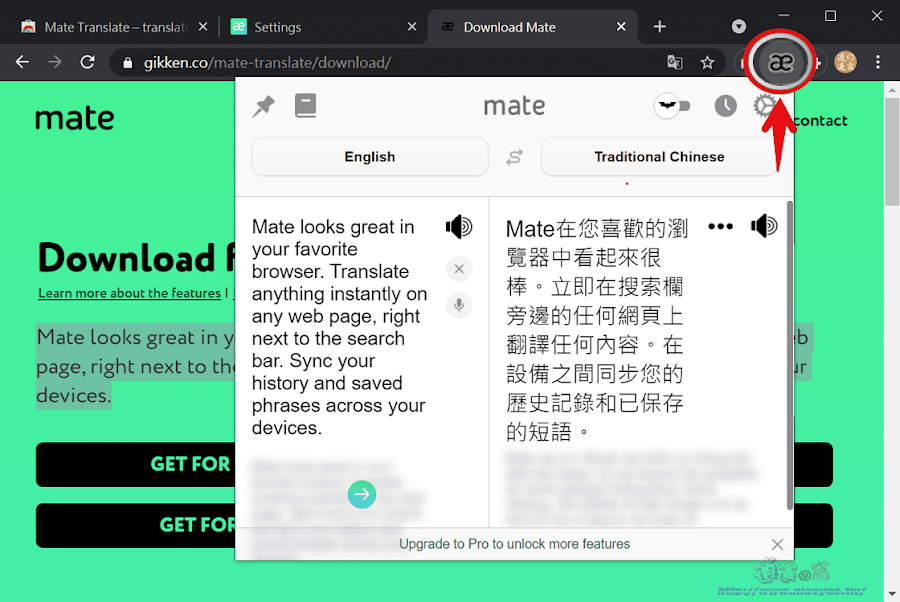 Mate Translate會在網頁上出現翻譯視窗，也能選取PDF的文字進行翻譯