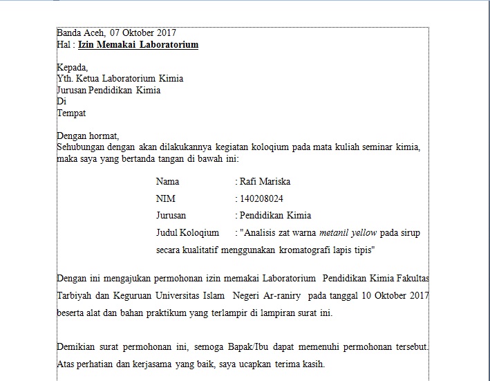 Contoh surat izin menggunakan laboratorium - Blog Kimia 