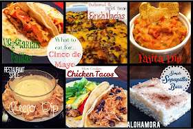 Menu Planning for Cinco de Mayo.  A list of amazing Mexican or Tex-Mex food to enjoy.  A mix of appetizers, dinner, and desserts.  Gluten Free, Vegetarian, and healthy are all options.  Alohamora Open a Book http://alohamoraopenabook.blogspot.com/