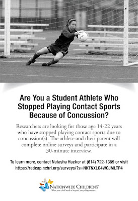 Recruitment Poster for Student Athletes Who Stopped Playing Contact Sports Because of a Concussion includes photo of Student Athlete Playing Soccer