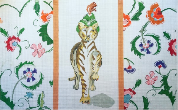 Majestic Tiger with feathered hat and floral boarder needlepoint canvas