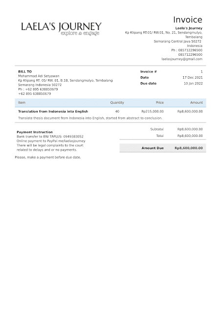 Picture 1.1. Invoice "Bill for Mohammad Adi Setyawan; Indonesia to English Translation Service for Thesis Document"