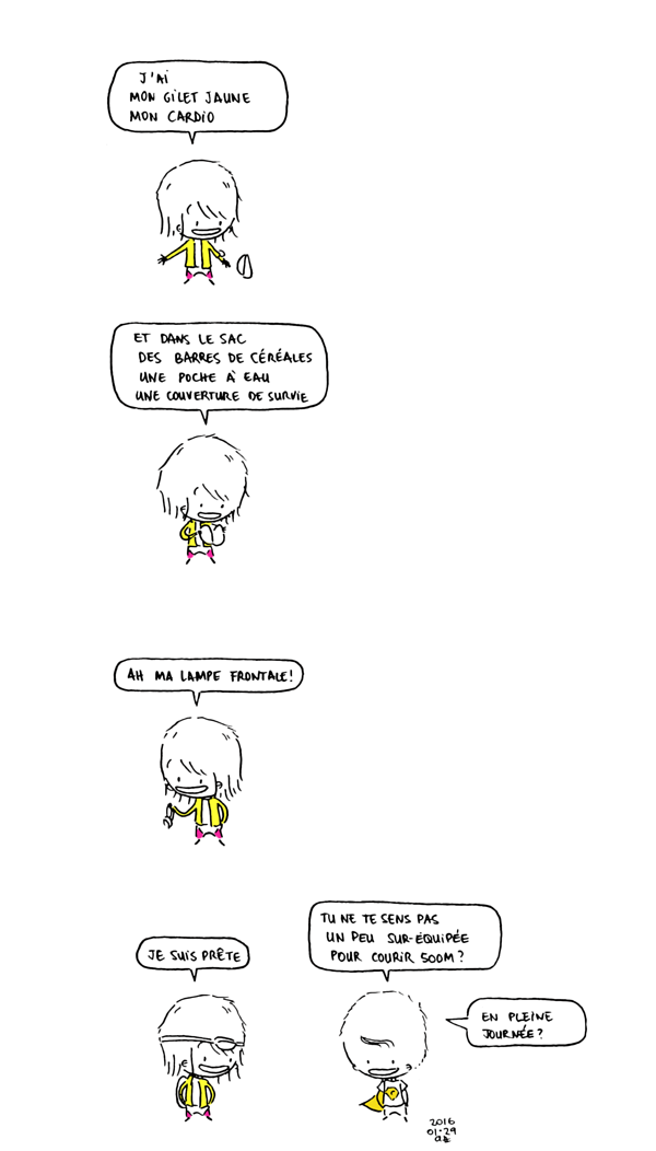 Je fais un blogbd, de la bandes dessinées et des dessins. On aime le sport mais on a toujours une bonne excuse! Cette fois: sur-équipée mais prête!